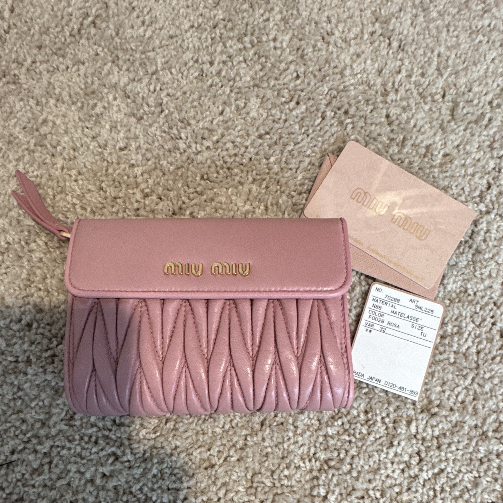 Miu Miu Pink Matelasse Leather Wallet With Original Tag And Authenticity Card